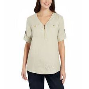 Ellen Tracy 100% Linen Women’s V-Neck Roll-Sleeve Tunic Top Sz L